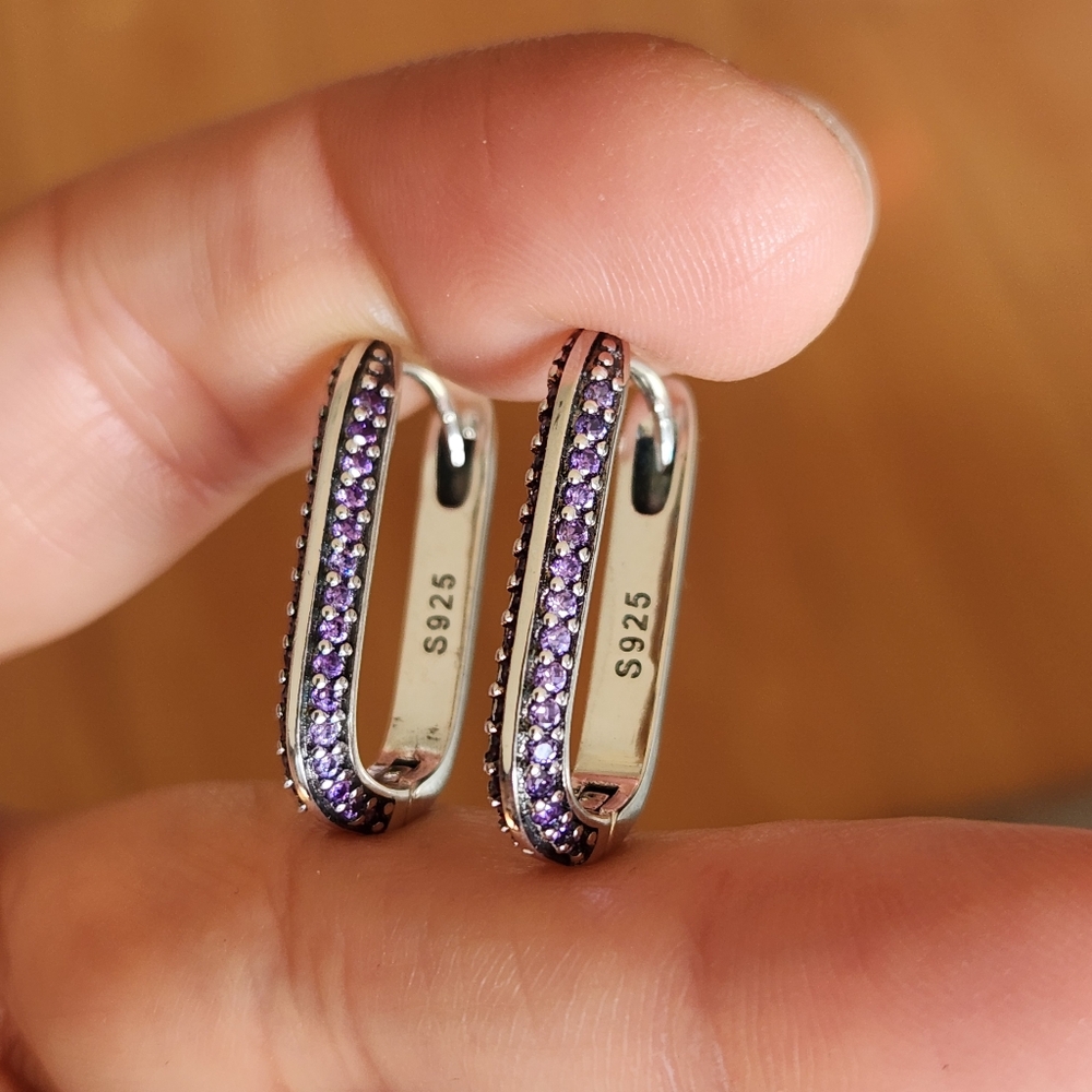 New 925 Silver Amethyst Rectangle Shaped Hoop Earrings for Women
